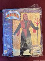 Front of packaged MAGMA adult hooded robe costume