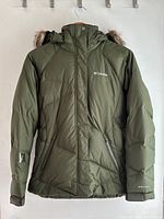 Front view of Columbia dark green winter jacket with hood and fur trim