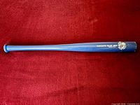 Full length view of blue wooden souvenir bat