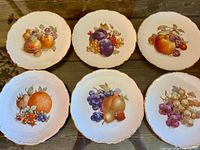 Front view showing all six fruit-decorated plates