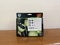 Front of HP combo pack box showing 74 black and 75 tri-color listing