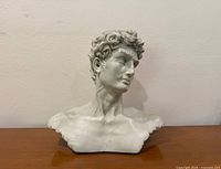 Front-left full view of resin David bust on wood surface