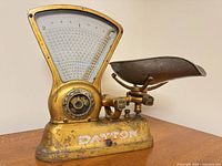 Overall left-front view showing scale body, dial, scoop pan, Dayton logo
