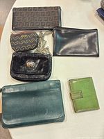 All six wallets and pouches arranged on table