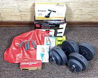 Group shot showing dumbbells, red exercise ball, hand grips, DVDs, ankle/wrist weights box, Tempo pad box, Bally Core Sculpting System box