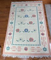 Full view of kilim rug showing pattern, colours and overall condition