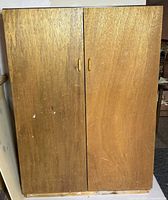 Front view of cabinet showing wood veneer surface, two doors and handles