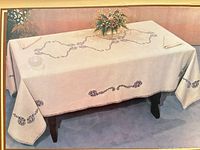 tablecloth displayed on table showing lace pattern and rectangular shape
