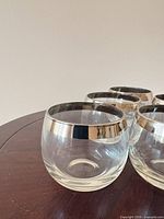 Close view of single glass showing silver rim and rounded shape