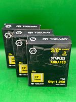 Front view of three sealed Toolway T50 staple boxes showing size, gauge, and quantity details