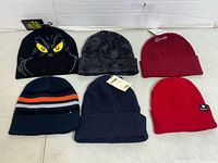All six beanies laid out in two rows