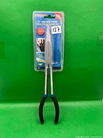 Front view of packaged 11" long nose pliers