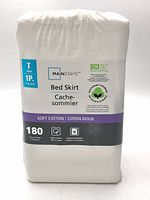 Front of packaged Mainstays bed skirt showing size, thread count and branding