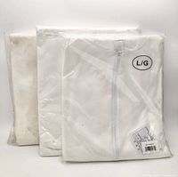 Front view of three sealed white hazmat suits showing size label L/G and zipper orientation