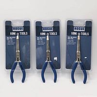 Front view of three packaged Rogue mini long needle-nose pliers