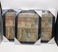 Front view of three sealed framed wall art pieces