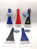 Group shot of five ice scrapers showing colors and clear blades
