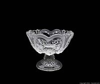 Full view of clear glass pedestal bowl showing shape and pattern