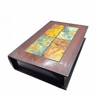 Closed box showing parquet tile inlay top and wood finish