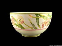 Side profile of ceramic bowl showing hand-painted iris floral design and rim detailing