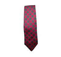 Front view of the red silk tie showing overall medallion pattern