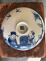 top view showing entire lidded dish with painted scene and seal mark