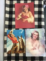 Overview of all three pin-up prints laid on checked fabric