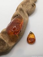 Large and small Baltic amber pendants on driftwood, showing size and color