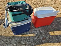 All three coolers together: soft bag on top of blue cooler next to red cooler