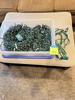 Plastic bin containing bundled green-wire light strands and extension cord