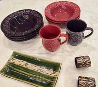 Overall lot showing bowls, mugs, tray and napkin rings