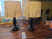 Full view of both matching lamps with shades and cords