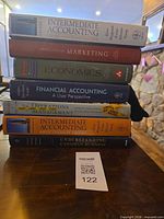 Stack of seven business textbooks showing titles and spines