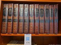 Spine view of 11 Grolier Encyclopedia volumes on shelf