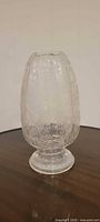 Full front view of clear etched glass pedestal vase/shade
