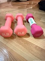Three neoprene dumbbells on wood floor, ends showing 2 LB marking and GoZone logo