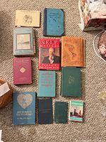 Overhead view showing all 12 books laid out on carpet