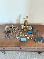 Overhead view of all small vintage items on table