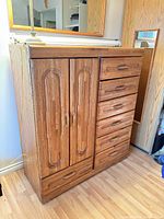 Front view showing cabinet doors and drawer stack