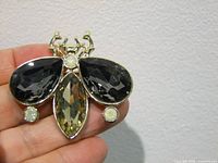 Brooch held by hand showing front detail and scale