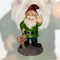 Front view of gnome showing pose and sign