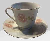 Teacup on saucer showing floral design and silver trim