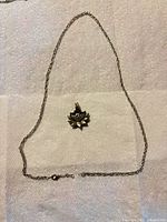 Full view of necklace laid flat showing chain and lotus locket pendant