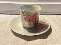 Cup on saucer showing floral decoration, shape and size