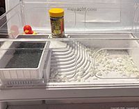 Overall view of terrarium showing interior layout, substrate, tray, food jar, rubber duck