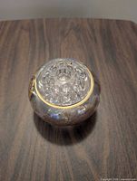 Round etched glass pen holder with gold band top view