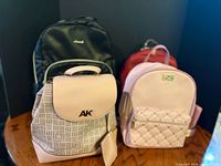 Front view showing Anne Klein, Lovevook, Ella Rose, and Betsey Johnson backpacks grouped