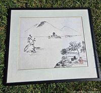 Front view of framed ink wash landscape with mat and frame