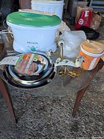 Revlon paraffin spa, drip pan set package, brass porcelain-knob hook, plastic jar on glass table