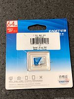 Front of sealed EAGET Royal Blue 64GB microSDXC card package